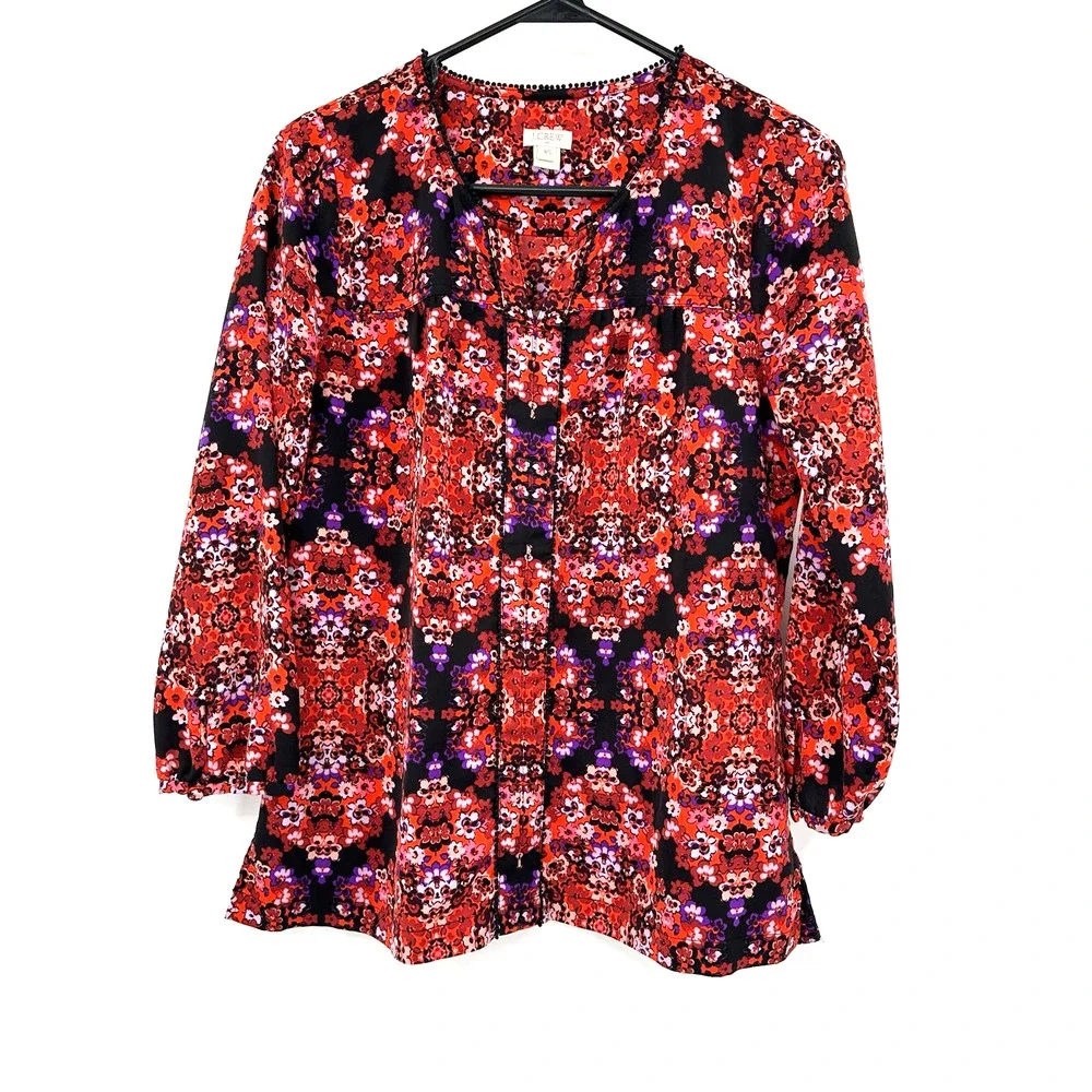 J. Crew size XS lace lined long sleeve floral print blouse red purple pink white